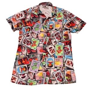 Surf Society Mushroom Stamp Button Up Shirt Psychedelic Graphic Festival Rave